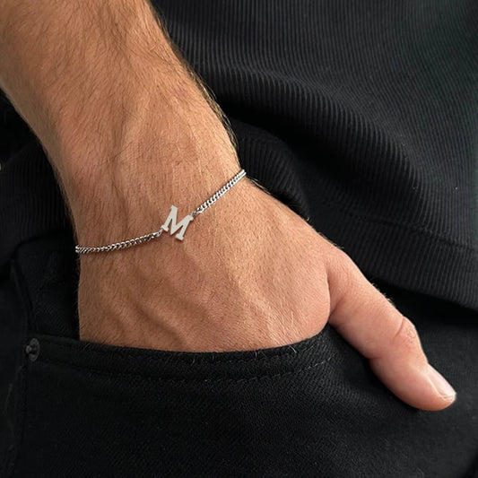 A-Z Initial Letter Bracelet Men Handmade Stainless steel chain
